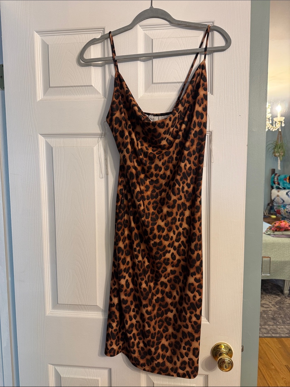 Iris Leopard Print Cowl Neck Slip Dress Midi Spaghetti Strap Medium